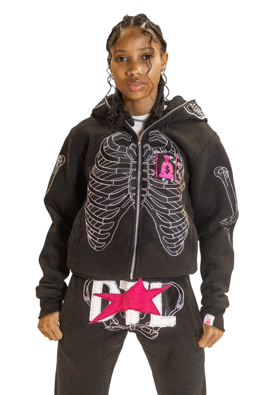 Black/Pink Skele-Zip Hoodie