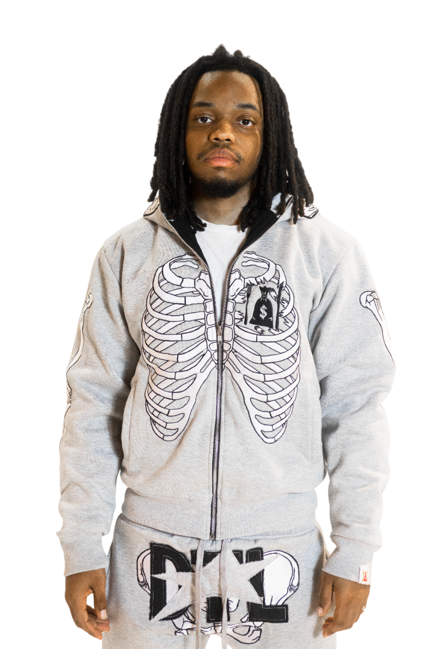 Grey Skele-Zip Hoodie