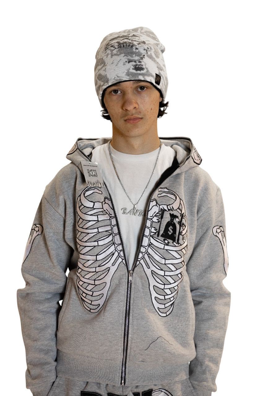 Grey Skele-Zip Hoodie