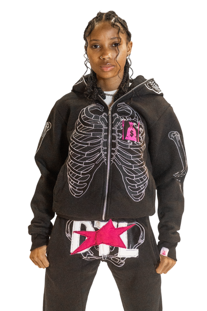 Black/Pink Skele-Zip Hoodie