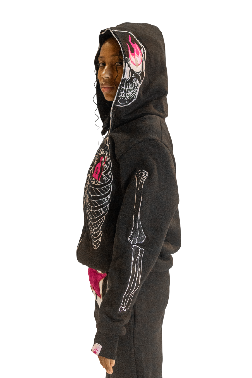 Black/Pink Skele-Zip Hoodie